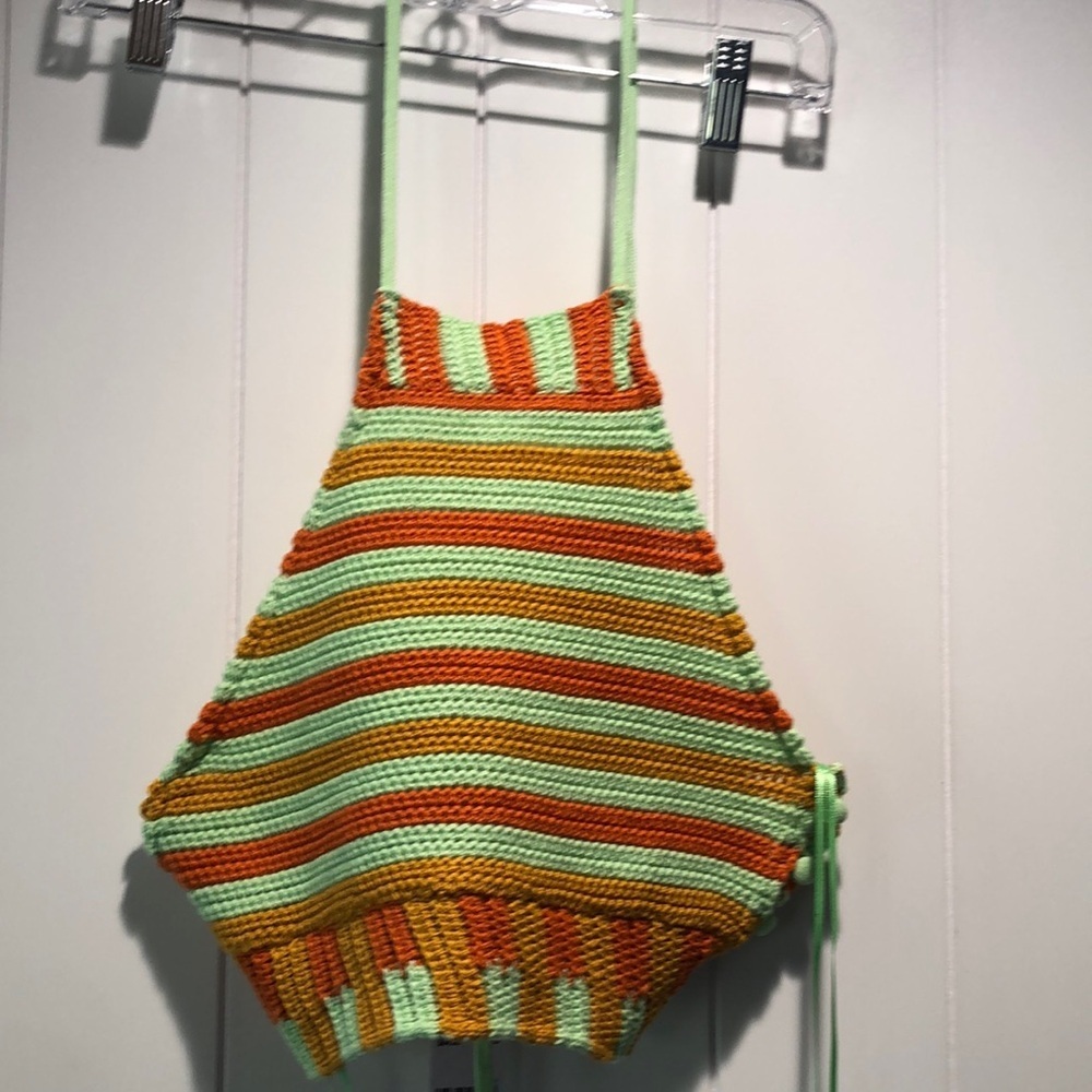 NWT Urban Outfitters crochet halter top open back adjustable tie mint and orange